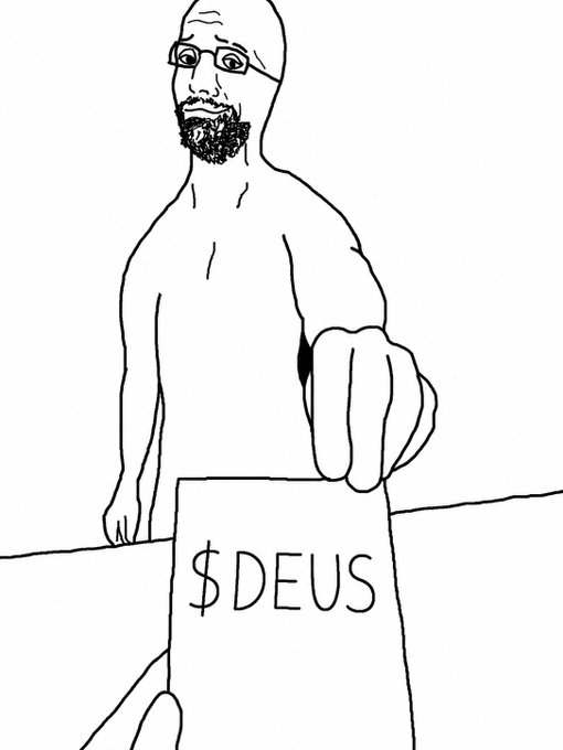 The image features a black and white line drawing of a man with glasses, holding up a sign that reads "DEUS". The man appears to be pointing at the sign as if he's selling something or making an offer. The background of the image is plain white, which makes the man and his sign stand out prominently.