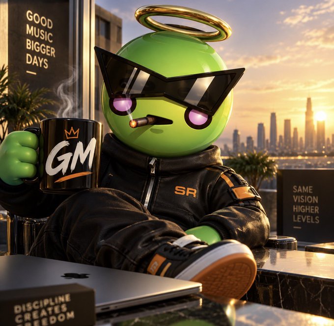 A 3D-rendered green cartoon character with a halo and sunglasses smokes a cigar while holding a black 'GM' mug, set against a city skyline at sunset with text like 'GOOD MUSIC BIGGER DAYS' in the background.