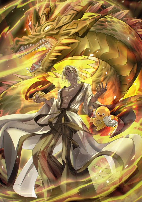 An anime illustration features a blonde man in a white and black robe holding a fan, with a small yellow creature beside him, all set against a large yellow dragon.