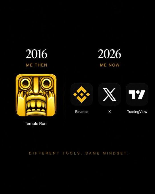 The image presents a humorous "then vs. now" comparison: in 2016, the person played Temple Run, while in 2026, they use Binance, X (formerly Twitter), and TradingView — with the tagline "DIFFERENT TOOLS. SAME MINDSET."

The meme cleverly illustrates the "so usss" sentiment by showing how youthful gaming habits have evolved into adult crypto trading, X scrolling, and chart analysis — suggesting the underlying mindset of obsessive screen-checking hasn't changed, only the apps have.