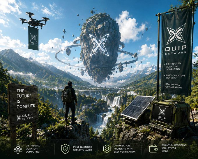 The image features a man standing on top of a cliff, overlooking a mountainous landscape with a floating island in the center that has a "X" on it. The scene also includes a sign for GM Quip Fam, which reads "The future is computing". The background shows a mountain range and a waterfall, creating an immersive environment. The image seems to be promoting a new technology or product related to AI and quantum computing, as the man's presence in this setting suggests that he might be involved in these fields.