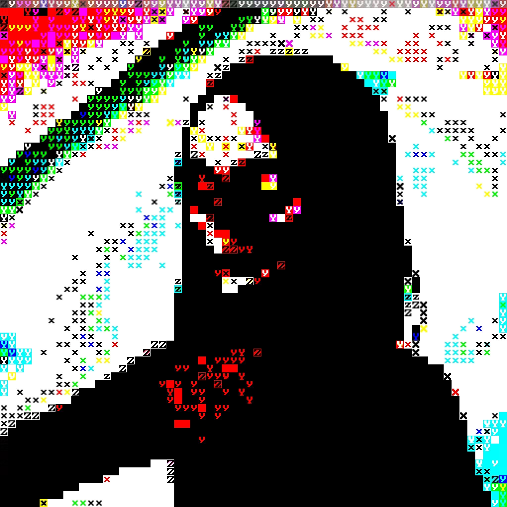 The image shows a close-up photo of a person's face that appears to be a blend of colors, resembling a pixelated or computer-generated art piece. The photo is part of a larger image with various dots and lines in different sizes scattered around. In the corner of this image, there's a caption that reads: 
"Congrats to @AirFrogg who snipped this at 2.65 as the only bidder! Appreciate you for seeing the vision early."