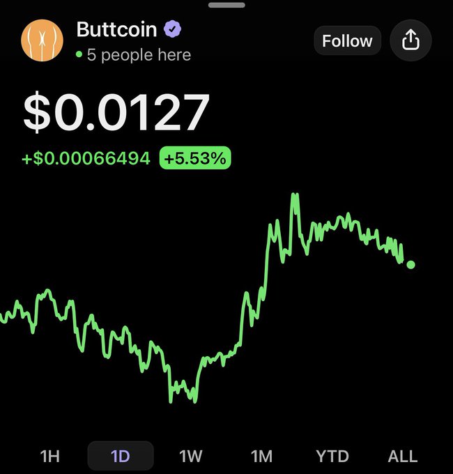 A trading app screenshot showing 'Buttcoin' priced at $0.0127 with a +5.53% gain, displaying a 1D price chart with a green upward trending line on a black background.