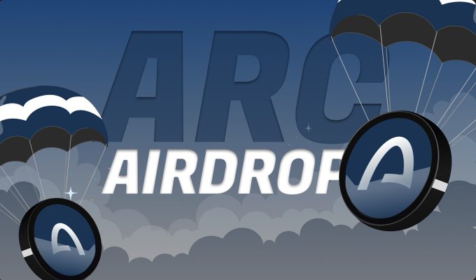 The image features a blue gradient background with stylized parachutes (representing an airdrop) carrying coins bearing the "A" logo, overlaid with the bold text "ARC AIRDROP." It visually reinforces the post's announcement of a potential airdrop for ARC, highlighting the raised $222M funding and guiding users on steps to bridge, explore the ecosystem, trade, and deploy contracts.
