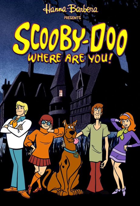 Poster for the Hanna-Barbera animated series 'Scooby-Doo Where Are You!' featuring Fred, Velma, Scooby-Doo, and Daphne in front of a spooky house.