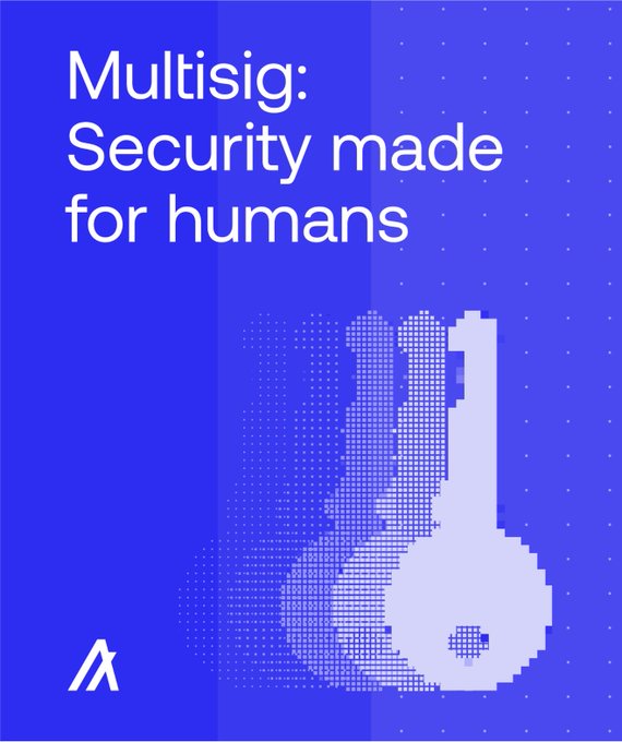 A promotional graphic with blue background displays the text 'Multisig: Security made for humans' alongside a pixelated key icon.