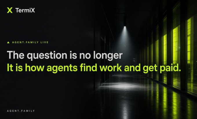 A dark promotional graphic for 'TermiX' featuring the text 'AGENT.FAMILY LIVE' and 'The question is no longer It is how agents find work and get paid.'