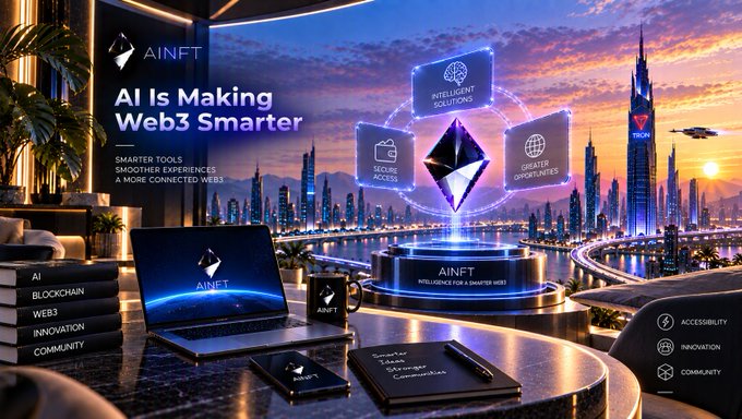 An advertisement for "AINFT" featuring the text "AI Is Making Web3 Smarter" with imagery of an Ethereum logo, futuristic cityscape, and laptop displaying the platform.