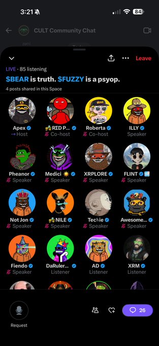 A screenshot of a 'CULT Community Chat' on what appears to be Twitter Spaces, showing 85 listeners and a message reading '$BEAR is truth. $FUZZY is a psyop.' along with various cartoon avatar speakers.