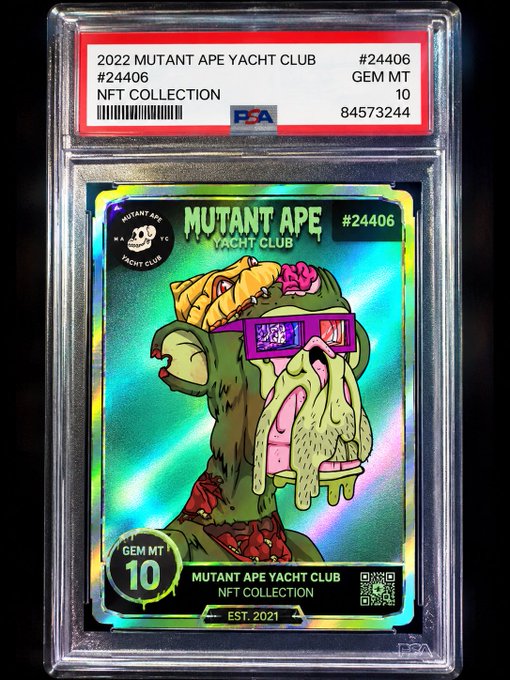 A PSA-graded Gem Mint 10 trading card featuring a Mutant Ape Yacht Club NFT (#24406) from the 2022 collection is shown in a holographic protective slab.