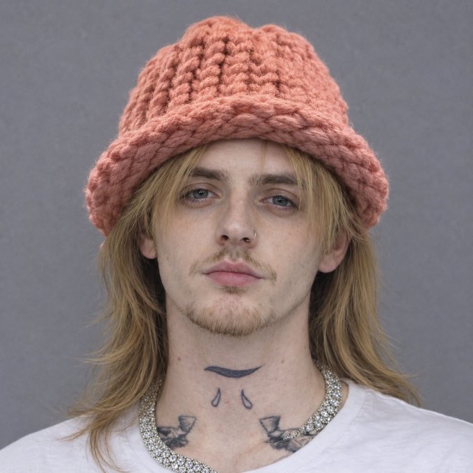 Portrait photo of a young man with long blonde hair, facial piercings, and a pink knit beanie, wearing a white shirt and silver chain necklace, with visible neck tattoos.