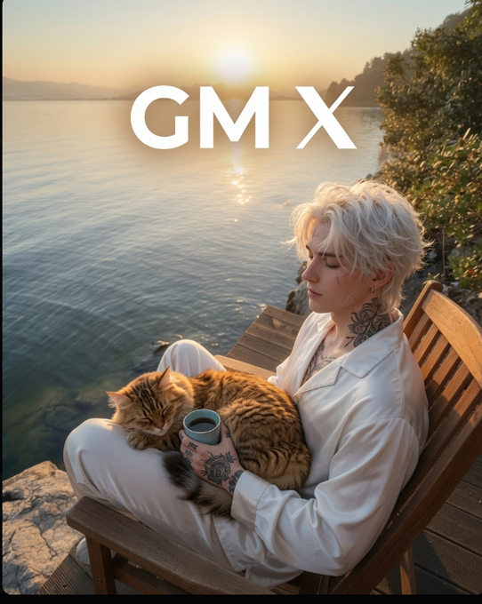 An AI-generated image of a person with short blonde hair and tattoos holding a sleeping tabby cat while sitting on a wooden lounge chair at the edge of a calm body of water at sunrise, with the large text 'GM X' overlaid.