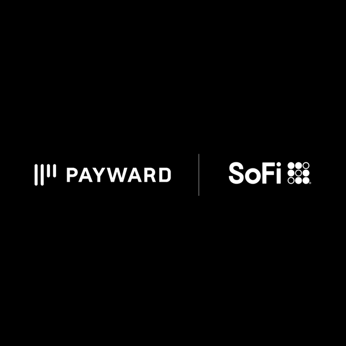 The image displays the Payward and SoFi logos side by side on a black background, separated by a vertical line, visually representing the partnership between the two companies to integrate banking and crypto services.