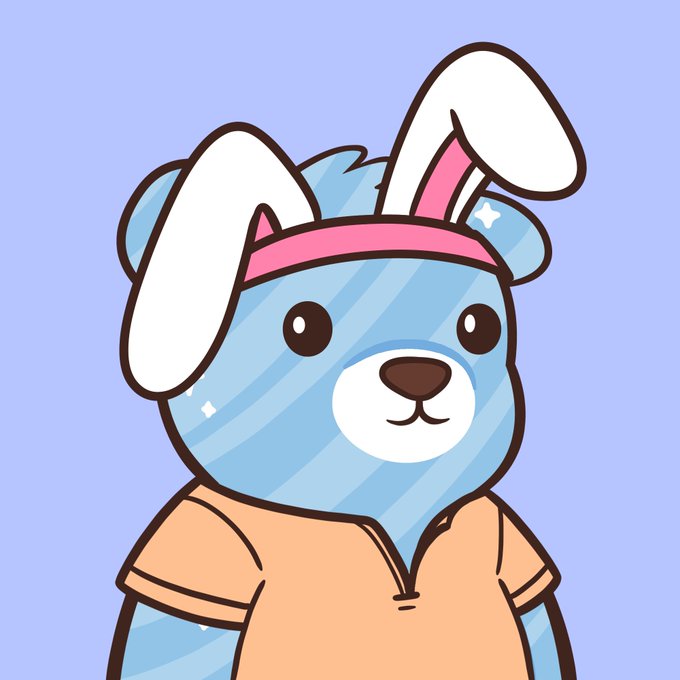 A cartoon blue rabbit-like character wears white bunny ears with pink inner sections, a pink headband, and a peach shirt against a lavender background.