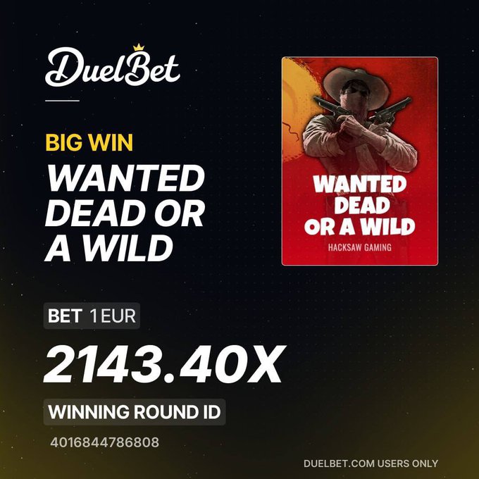 The image is a DuelBet promotional graphic announcing a "BIG WIN" on the Hacksaw Gaming slot "Wanted Dead or a Wild," showing a 2143.40x multiplier win from a 1 EUR bet, with winning round ID 4016844786808. It relates to the post as a promotional win screenshot being shared to advertise betting wins and drive engagement on the quoted post.
