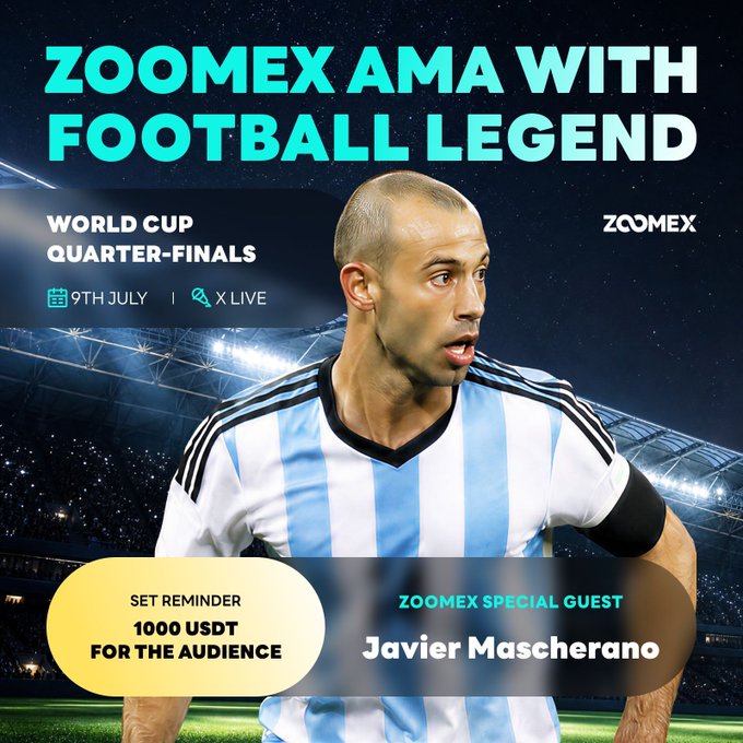 A promotional poster for a ZOOMEX Football AMA event featuring Javier Mascherano on 9th July during the World Cup Quarter-Finals, offering 1000 USDT to audience members, with the Argentine legend shown in his iconic blue and white striped jersey against a stadium backdrop.
