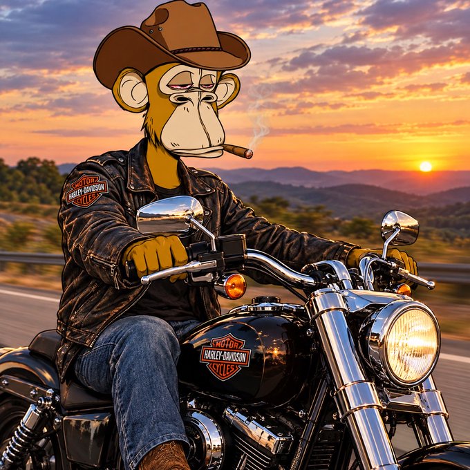 A digital illustration of an anthropomorphic monkey wearing a cowboy hat and Harley-Davidson leather jacket while riding a black Harley-Davidson motorcycle at sunset.