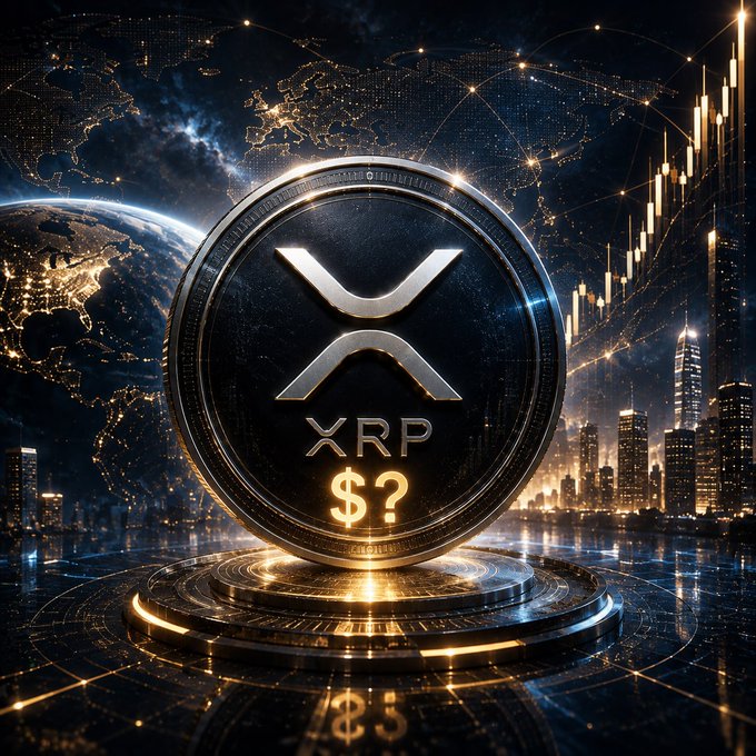 A digital artwork featuring a large XRP cryptocurrency coin on a pedestal, displaying 'XRP $?' with a city skyline, Earth from space, and a price chart in the background.