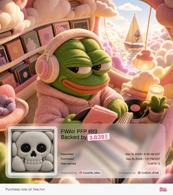 A digital collectible listing for 'FWAir PFP #89' showing a skull character, backed by 3.839Ξ, with transaction details for deposit and purchase on fwa.fun.
