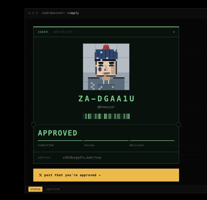 A ZADDR whitelist approval screen showing a pixel art avatar with the address 'ZA-DGAA1U' (@xmazyar) marked as 'APPROVED'.