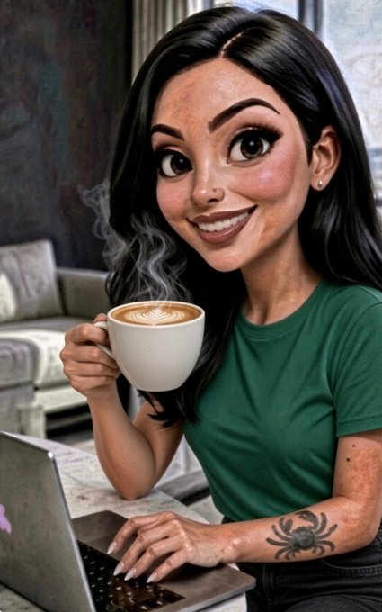 A cartoon-style illustration of a smiling woman with large eyes holding a steaming latte, working on a laptop with a scorpion tattoo on her arm.