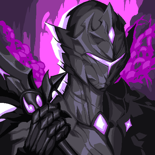 A stylized digital illustration of a dark armored figure with a horned helmet and glowing purple eyes and chest crystal, holding a weapon against a vibrant purple and pink background.