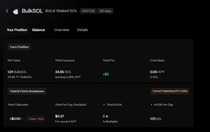 A cryptocurrency farming dashboard for BulkSOL (BULK Staked SOL) showing a net value of 1.01 BulkSOL, 34.85 SOL yield exposure at 5.38% APY, with tabs for Position, Balance, Overview, and Details.