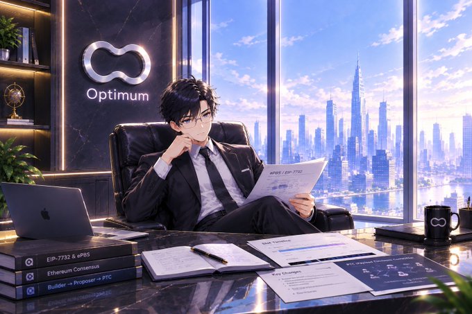 An anime-style digital illustration of a young man in a black suit sitting at a desk in a modern office, reviewing papers labeled 'ePBS | EIP-7732' and 'Builder -> Proposer', with 'Optimum' branding visible.