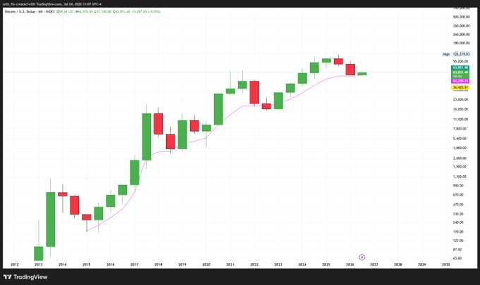 A TradingView chart of Bitcoin (BTC/USD, INDEX) on 6-month candles shows a long-term bullish trend from 2013 to mid-2025, with only two recent red candles on the right—an alarming signal to the poster that anticipates green candles ahead.