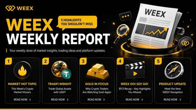 The image features a poster for a weekly report, which includes a gold bar symbolizing cryptocurrency, a magnifying glass, and a book titled "WEEX Weekly Report #01 Missed something this week? Here are 5 highlights from WEEX you might want to catch up on Market Hot Topics Stay updated on the biggest narratives moving crypto this week". The poster is predominantly black with yellow text.