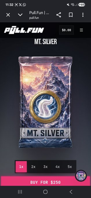 A screenshot from the Pull.Fun website showing a digital trading card pack labeled 'MT. SILVER' with a mountain landscape and silver coin artwork, priced at 'BUY FOR $250' with quantity options from 1x to 5x.