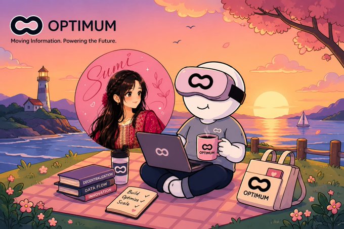 An illustrated scene featuring a girl named Sumi and a character with an Optimum VR headset using a laptop by the ocean, branded with 'OPTIMUM - Moving Information. Powering the Future.'