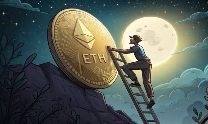 A stylized digital illustration shows a man climbing a ladder up a rocky cliff toward a giant gold 'ETH' (Ethereum) coin, set against a starry night sky with a large moon.