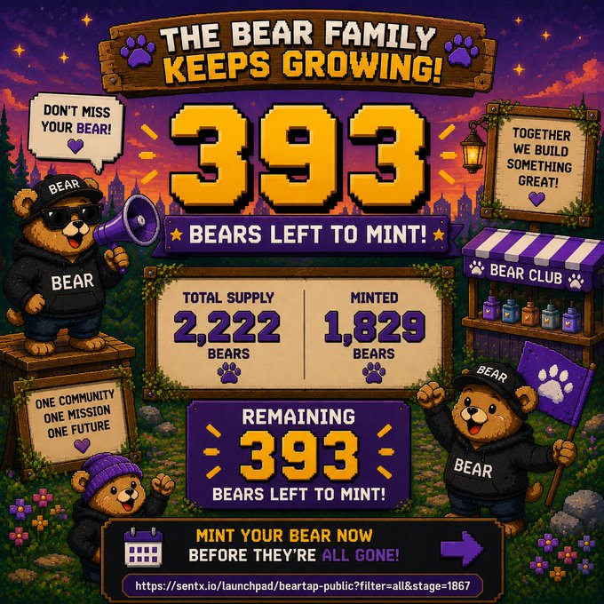 A pixel-art style promotional graphic for 'The Bear Family' NFT mint, showing 393 bears left to mint out of a 2,222 total supply, with a link to sentx.io.