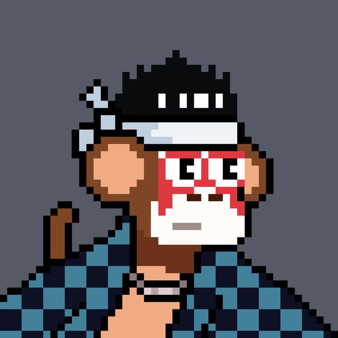 Pixel art of a brown monkey wearing a black hat with white accents, a red and white face mask, and a blue and black checkered shirt against a dark blue background.