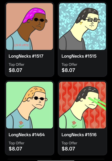 A mobile screen displaying four LongNecks NFT profile cards (#1517, #1515, #1464, #1516), each with a top offer of $8.07.