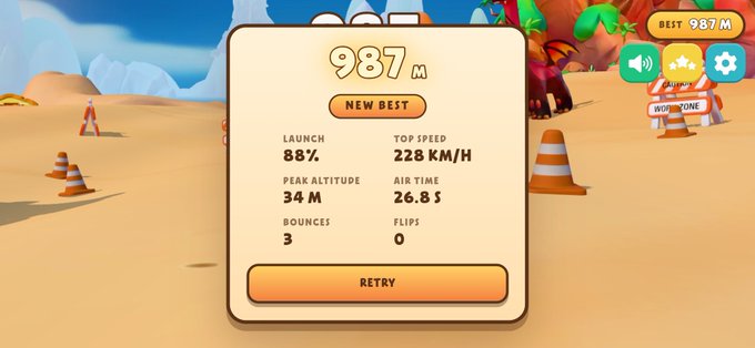 A mobile game results screen displays a new best score of 987 M with stats including 88% launch, 228 KM/H top speed, 34 M peak altitude, 26.8s air time, 3 bounces, and 0 flips, with a retry button below.