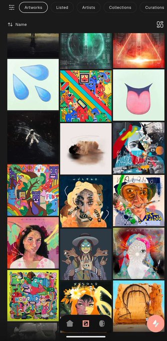 An NFT marketplace app interface displaying a grid of various digital artworks under the 'Artworks' tab, with navigation options including Listed, Artists, Collections, and Curations.