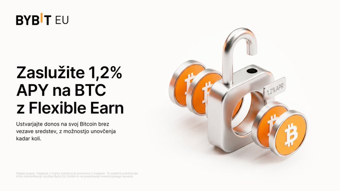 An advertisement for BYBIT EU promoting '1.2% APY na BTC z Flexible Earn' (Serbian/Croatian), showing a 3D padlock and Bitcoin coin imagery.
