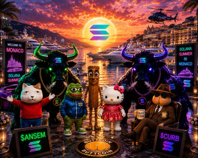 A vibrant scene at Monaco's harbor featuring Solana logo sunsets, neon-lit bulls, plush mascots (Pepe, Hello Kitty), and a wooden figure standing beside a "BUTTCOIN" emblem, with signs reading "WELCOME TO MONACO SOLANA SUMMER," "SOLANA SUMMER IN MONACO," "$ANSEM," and "$CURB"—matching the post's tags $SOL, $ANSEM, $CURB, and $TripleT, all promoting Solana's bullish meme culture.