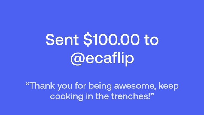 A screenshot of a payment confirmation showing $100.00 sent to @ecaflip with the message "Thank you for being awesome, keep cooking in the trenches!"—the image visualizes the author's post about airdropping surprise rewards to their active referrals on fomo.