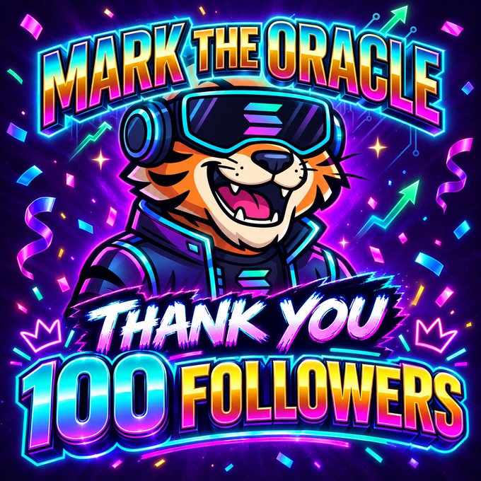 A vibrant cartoon graphic featuring a tiger wearing VR goggles with the text 'MARK THE ORACLE' and 'THANK YOU 100 FOLLOWERS' in neon colors.
