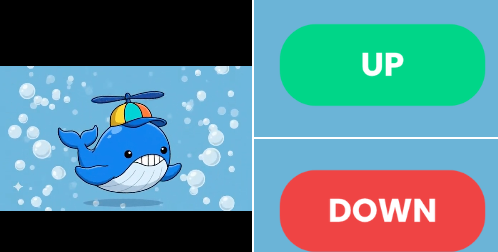 A simple graphic split into panels featuring a cartoon blue whale with a colorful propeller hat on the left, and green "UP" and red "DOWN" buttons on the right.