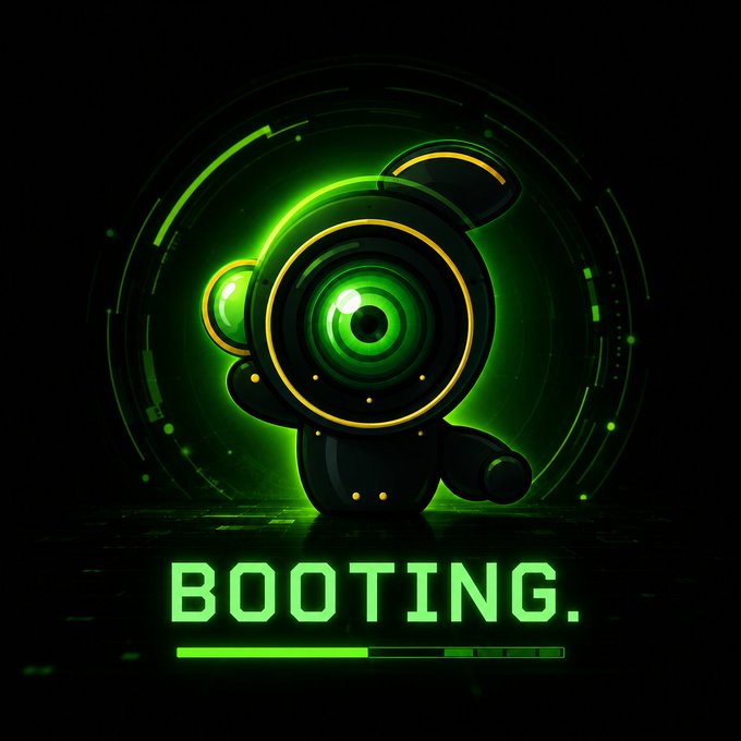 A glowing green and black digital illustration of a robotic figure with a large central eye displays the text 'BOOTING.' with a loading progress bar below.