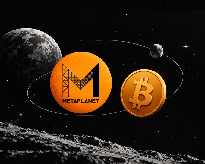 The image features the Metaplanet logo and a Bitcoin coin against a cosmic backdrop of moons and starry space, visually symbolizing the company's space-themed branding and its significant Bitcoin trading activity. The orange Metaplanet emblem with its stylized "M" and the gold Bitcoin token represent the firm's identity as a major corporate Bitcoin holder, aligning with the post's mention of their 10,000 BTC sale and subsequent 11,000 BTC repurchase.