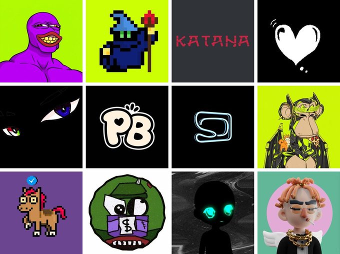 A collage of various meme and NFT-style artworks including a purple muscular figure, a pixelated wizard, the word 'KATANA', a heart, 'PB' letters, anime eyes, a monkey in green, a pixel horse, a green skull, a shadow figure, and a 3D character.