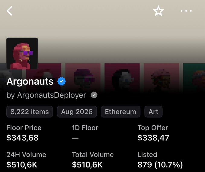 A mobile app interface displays the 'Argonauts' NFT collection by ArgonautsDeployer, showing 8,222 items on Ethereum with a floor price of $343.68 and 24H volume of $510.6K.
