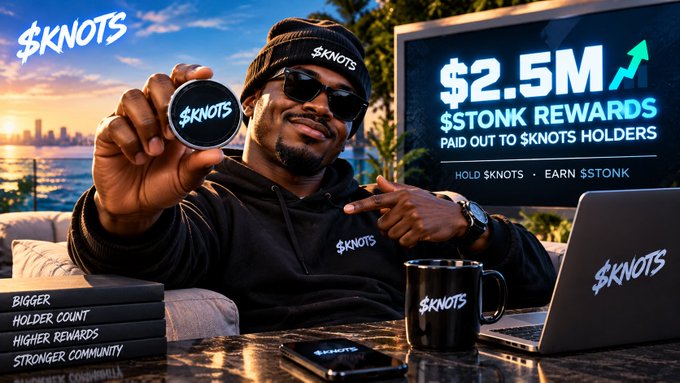 Cryptocurrency promotion for '$KNOTS' showing a man holding a branded coin with text '$2.5M $TONK REWARDS PAID OUT TO $KNOTs HOLDERS' and slogans 'BIGGER HOLDER COUNT, HIGHER REWARDS, STRONGER COMMUNITY'.