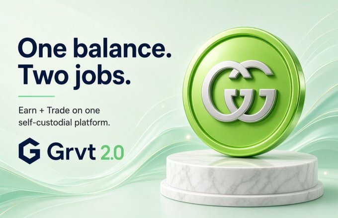 A promotional graphic for Grvt 2.0 reads, “One balance. Two jobs.” and “Earn + Trade on one self-custodial platform,” beside a green coin with the Grvt logo.