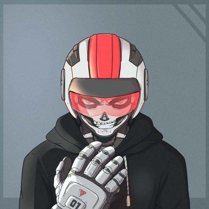 A skeletal cyborg figure wearing a white and red racing helmet with a tinted visor and a black hoodie looks forward while holding up a robotic hand with the number "01" displayed on it, matching the racing-themed post from @Racerz_eth.